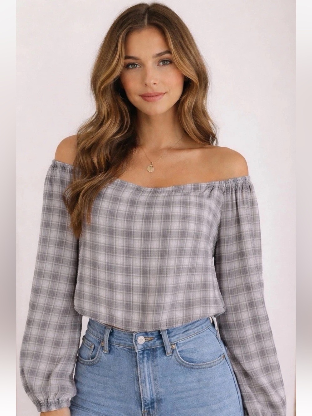 Abercrombie Fitch Plaid Puff Sleeve Crop Top Cotton Blend Babydoll